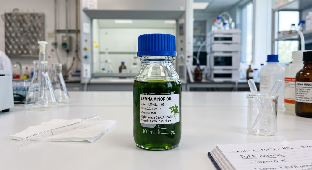 Lemna minor oil bottle in laboratory analysis