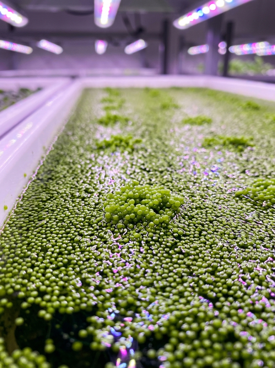 Wolffia globosa close-up in growing tray